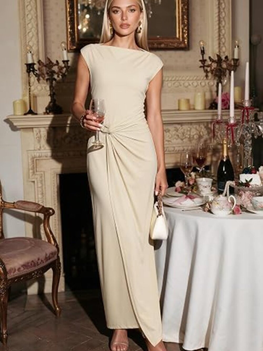 Women's Beige Formal Bodycon Evening Gown Cap Sleeve Wedding Guest Maxi Dresses